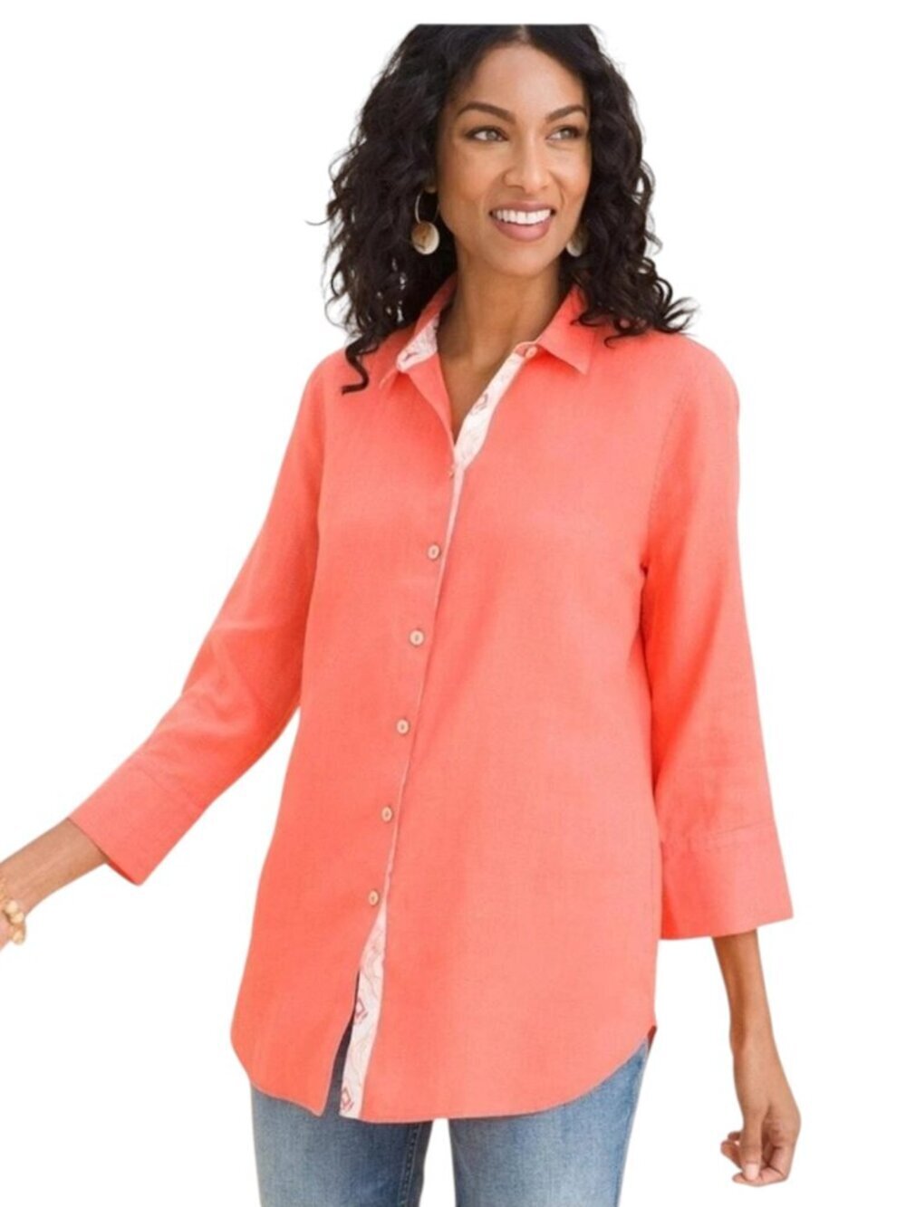 Chico's No Iron Linen Orange Button Front Blouse